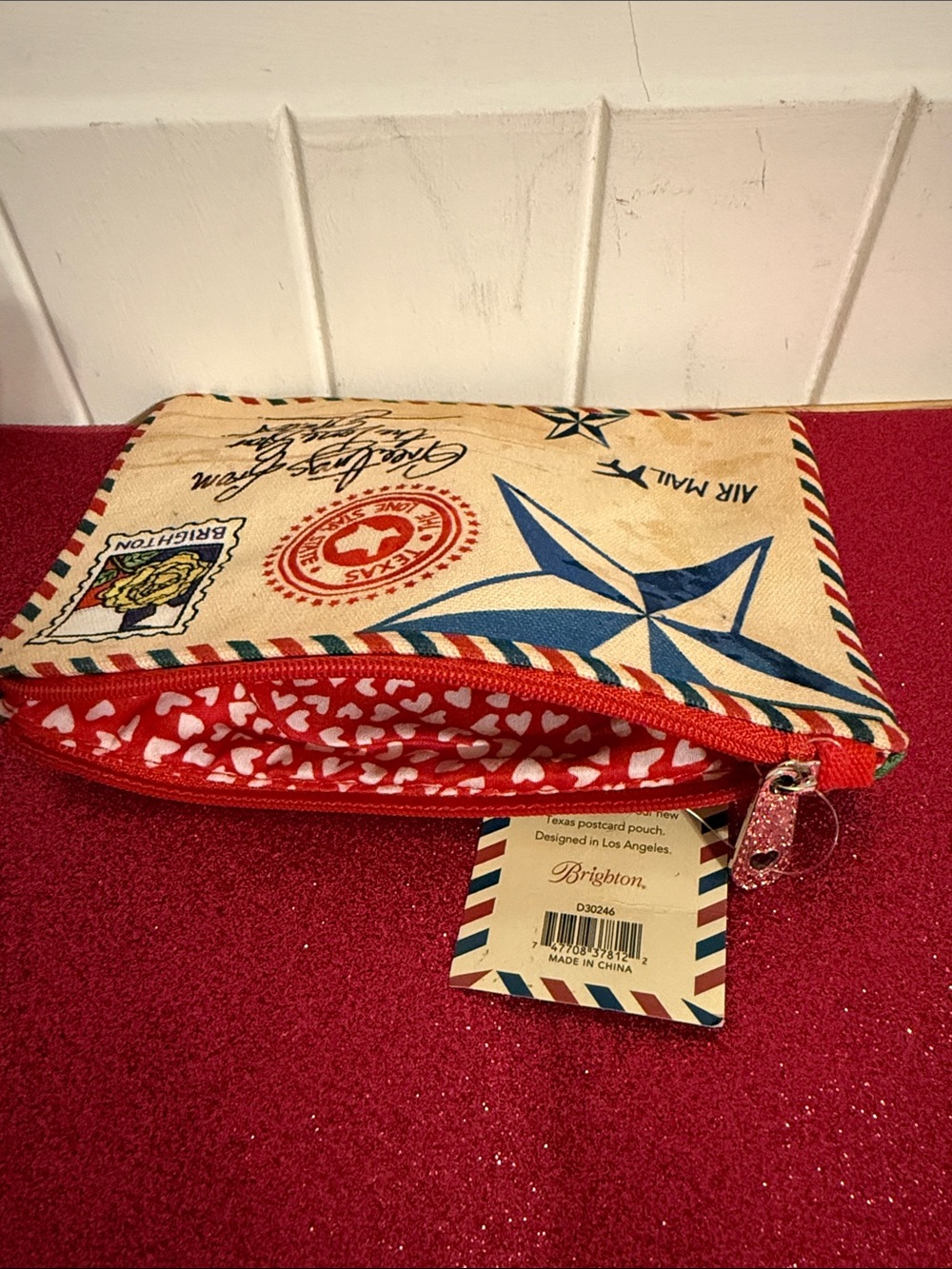 Brighton Beige Zip Pouch with Blue Stars and Red Trim - Picture 3 of 9